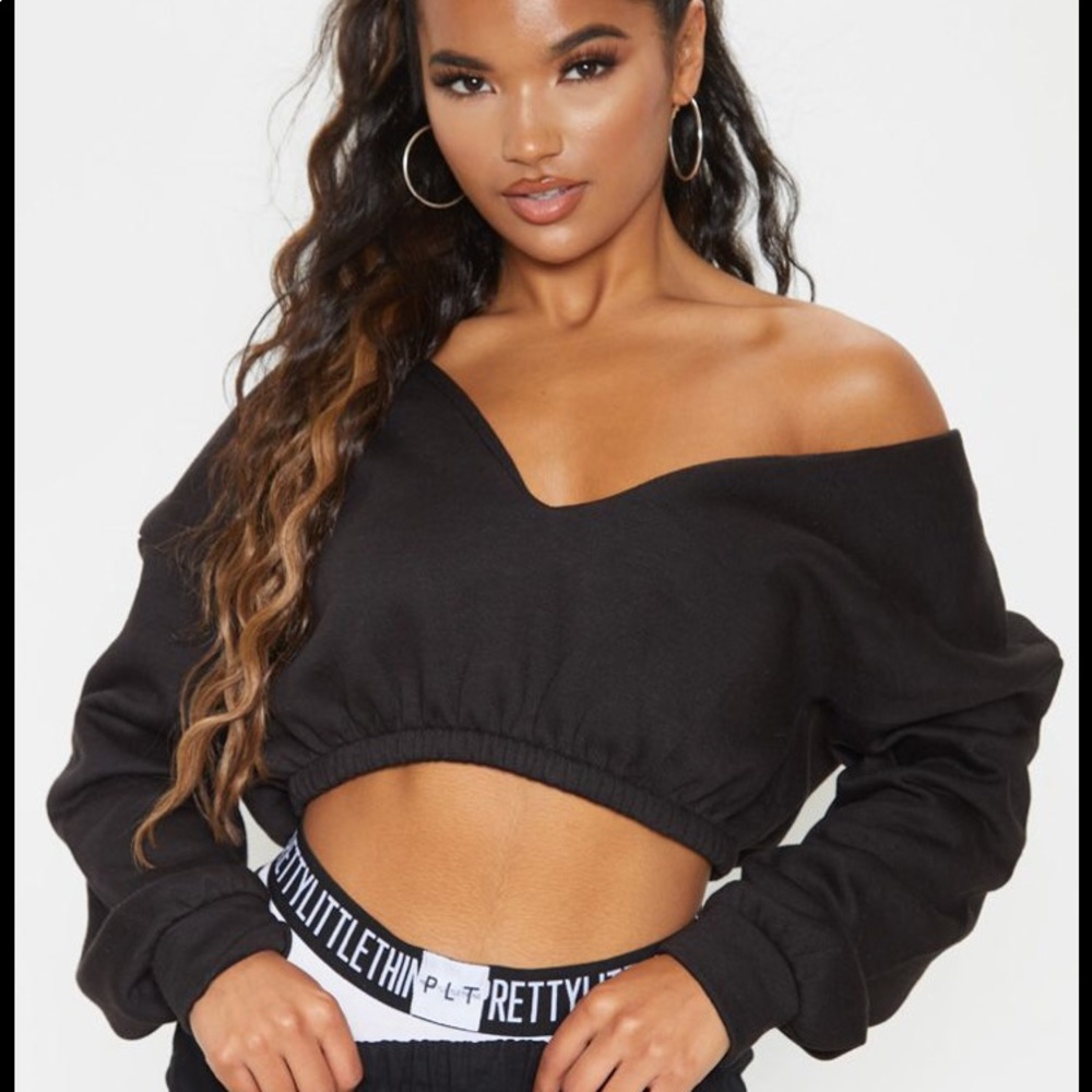 Black Crop Off the Shoulder Sweatshirt